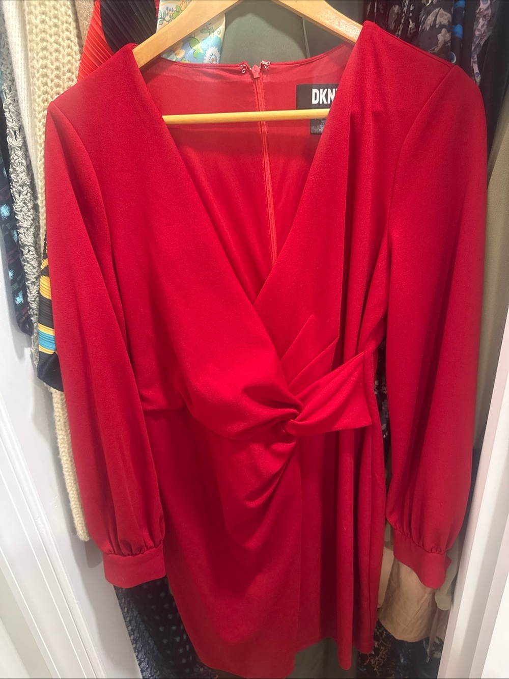 DKNY Red Long-Sleeve Knot-Waist V-Neck Dress